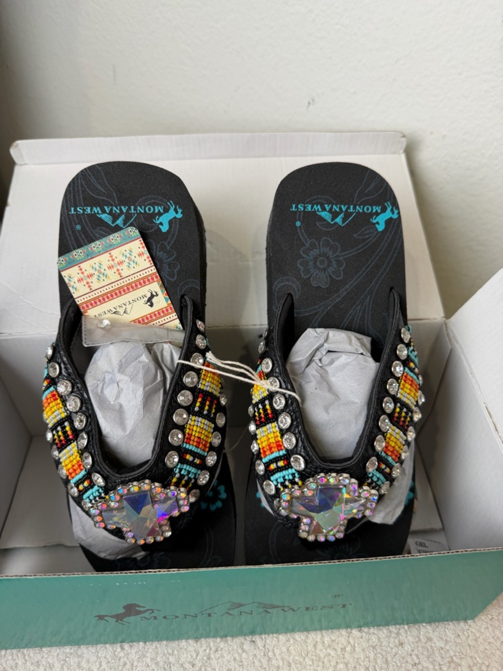 Montana West Black Beaded Rhinestone Cross Wedge Sandals-NIB - Picture 3 of 8